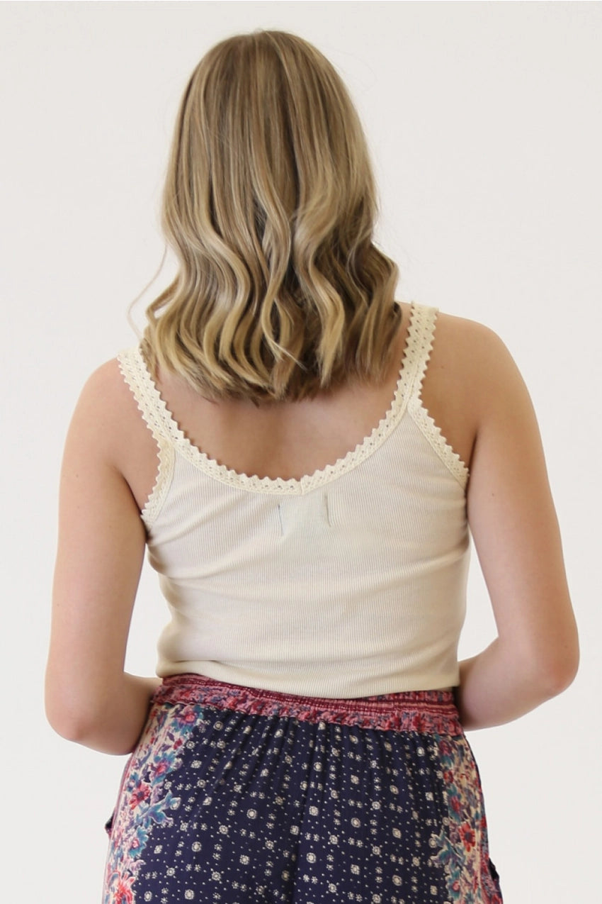 Ivory Lace Trim Rib Knit Tank