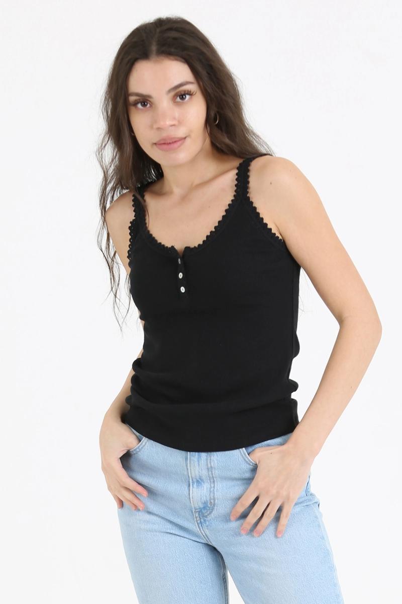 Black Lace Trim Rib Knit Tank