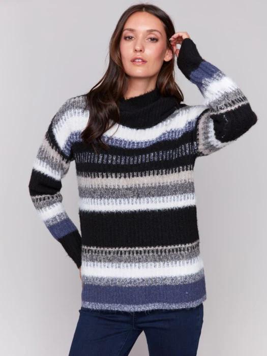 Marine Navy Striped Cowl Neck Sweater