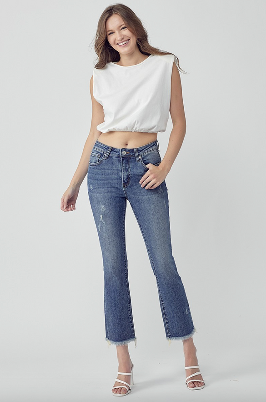 Mid-Rise Raw Hem Straight Leg Jean