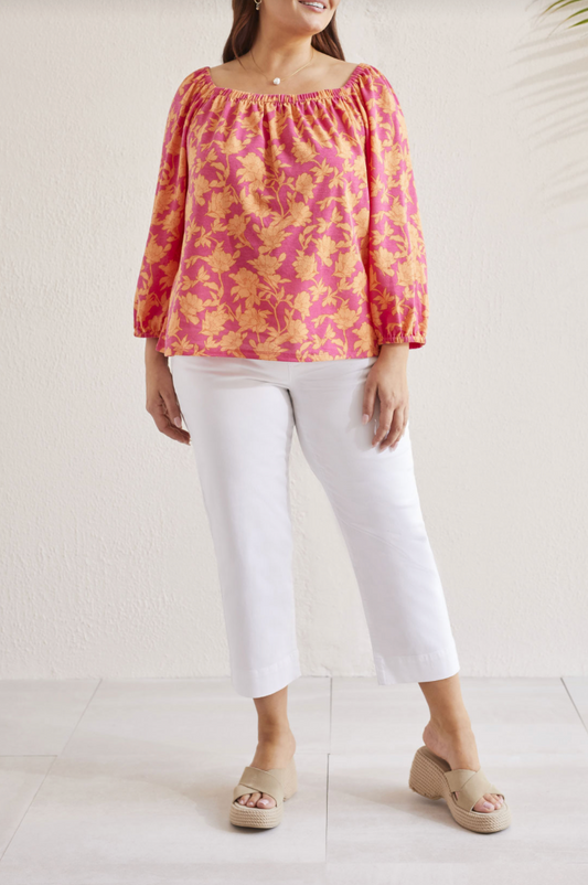 Raspberry Floral Peasant Top