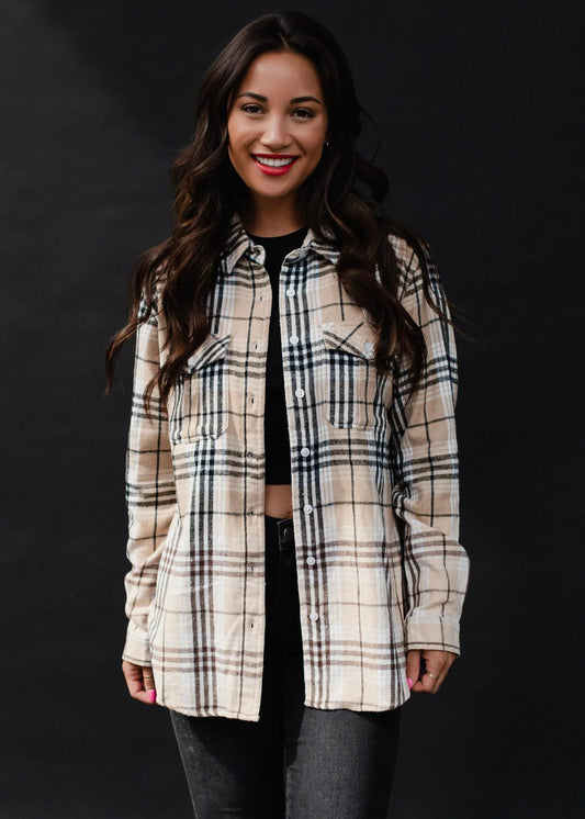 Plaid Flannel - Tan, Black, & White