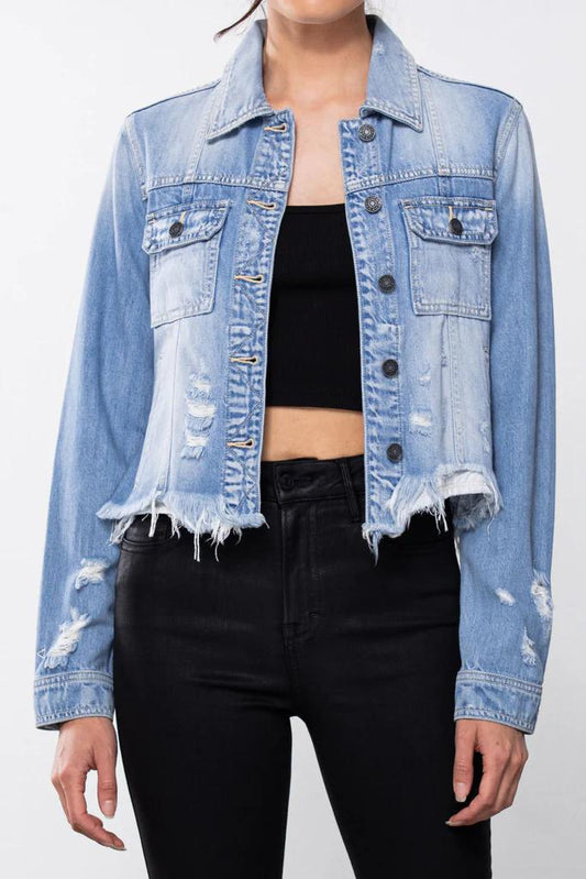 Light Wash Uneven Frayed Hem Jacket